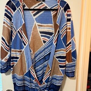 NIC+ZOE Geometric Open-Front Cardigan in Blue, Tan, Navy